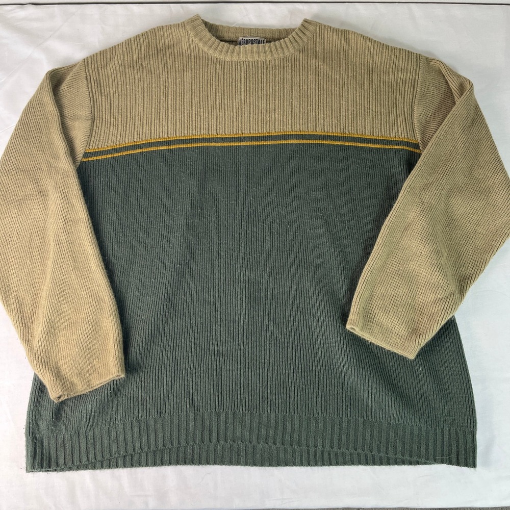 Aeropostale Sweater Mens XL Green Tan Excellent Vintage Ribbed Colorblock Knit